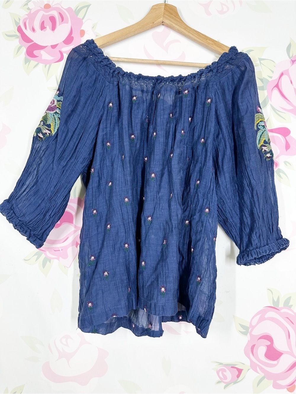 Sundance Navy Embroidered Peasant Floral Sleeve Silk Cotton Blend Blouse Top L - Picture 6 of 7